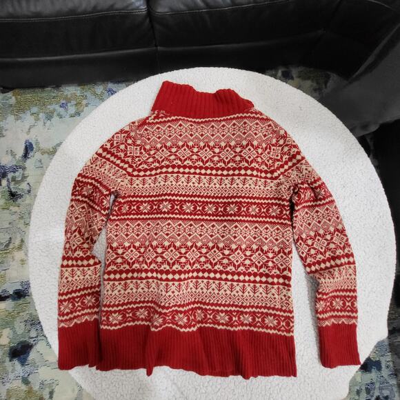 Eddie Bauer Vintage Red Fair Isle Print Lambs Wool Cardigan Sweater Size MED - Picture 2 of 4